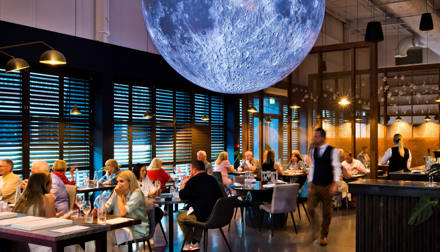 The dining room at Lunar beneath the suspended moon